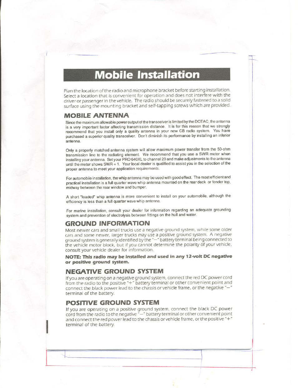 Mobile installation, Mobile antenna, Ground information | Negative ground system, Positive ground system | Uniden PRO 640XL User Manual | Page 6 / 12