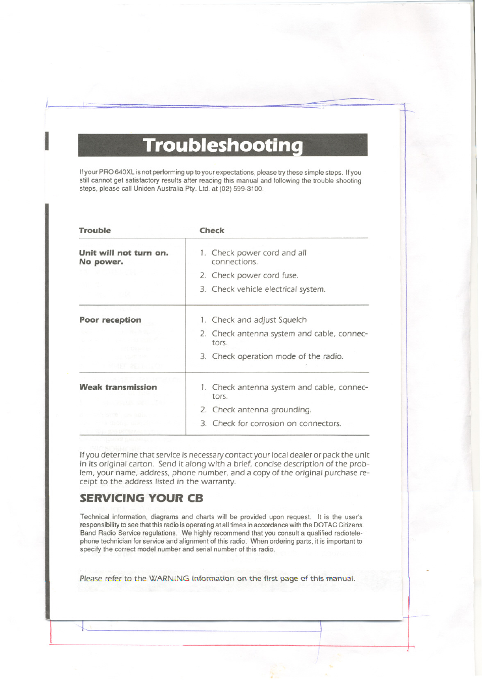 Troubleshooting, Servicing your cb | Uniden PRO 640XL User Manual | Page 9 / 12