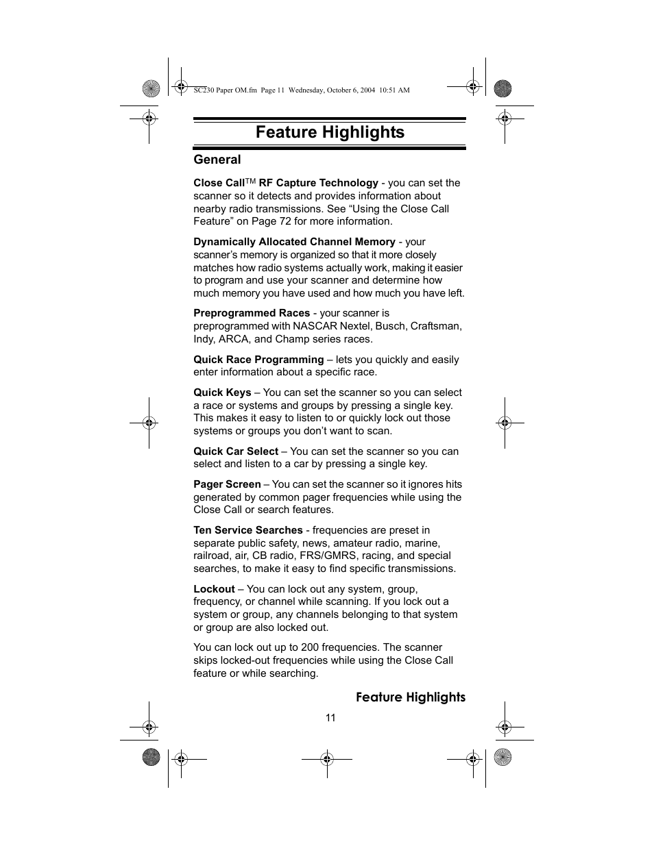 Feature highlights | Uniden SC230 User Manual | Page 11 / 99