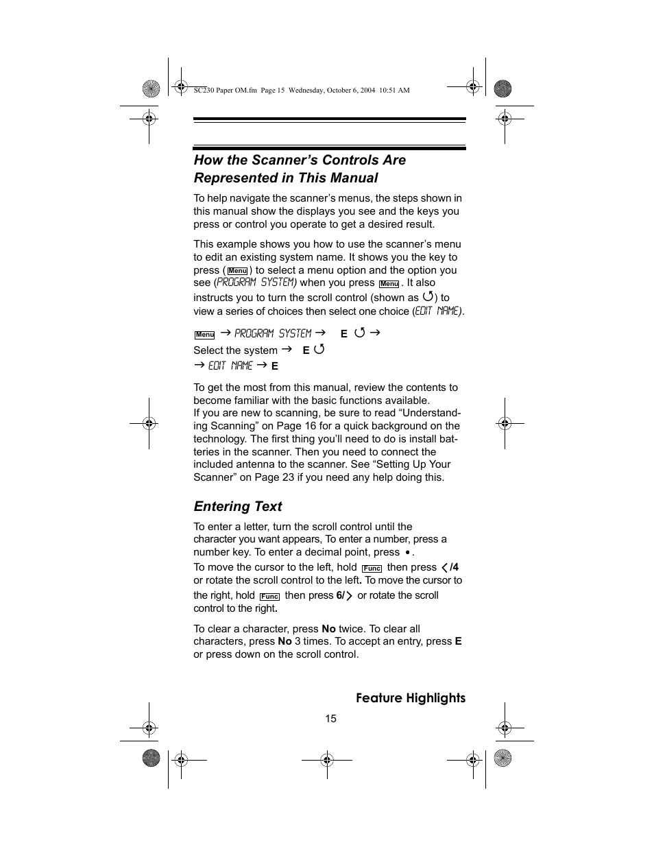 Entering text | Uniden SC230 User Manual | Page 15 / 99