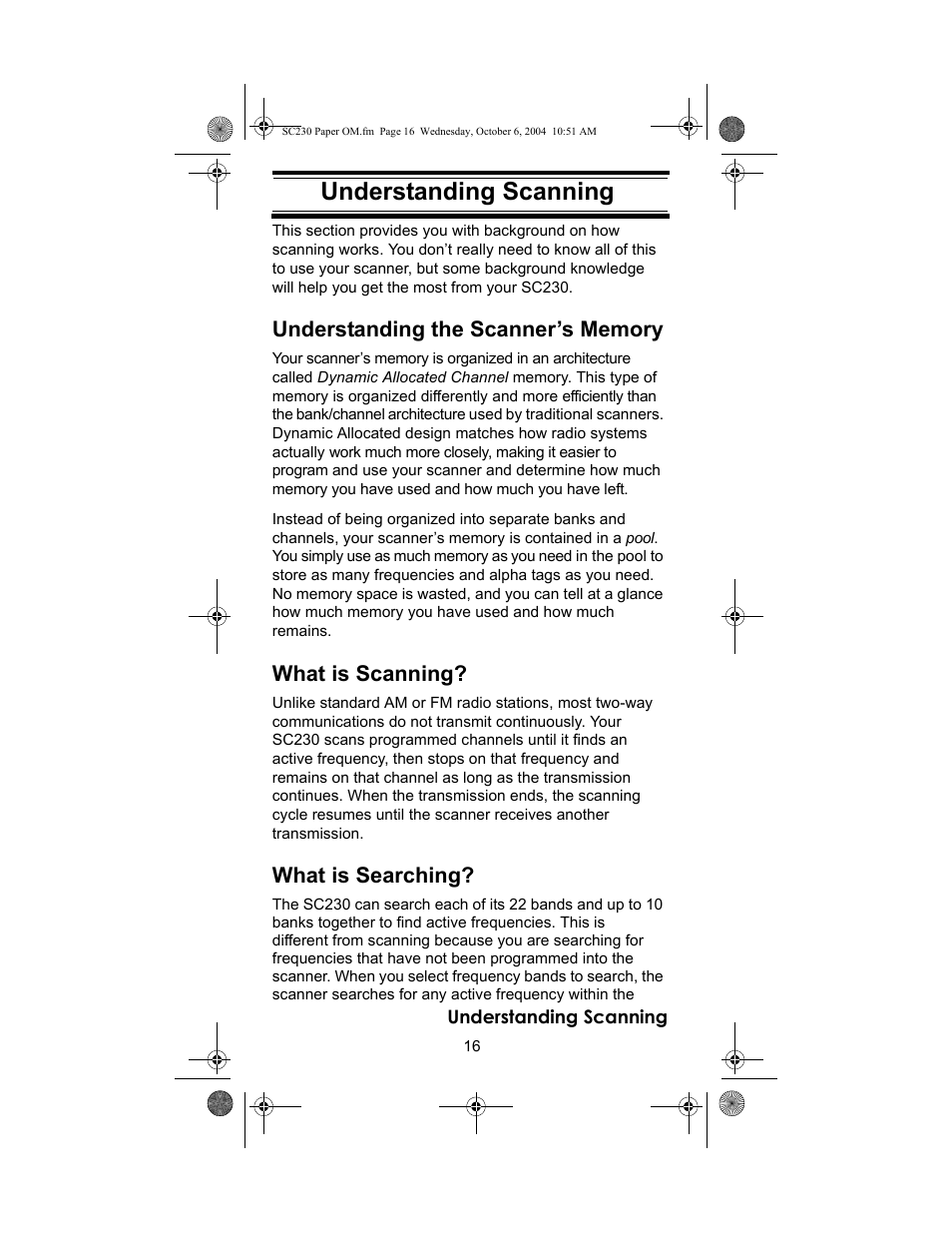 Understanding scanning, What is scanning, What is searching | Uniden SC230 User Manual | Page 16 / 99