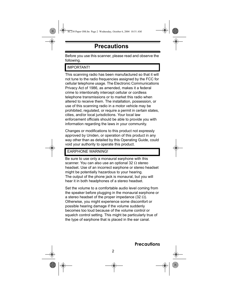 Precautions | Uniden SC230 User Manual | Page 2 / 99