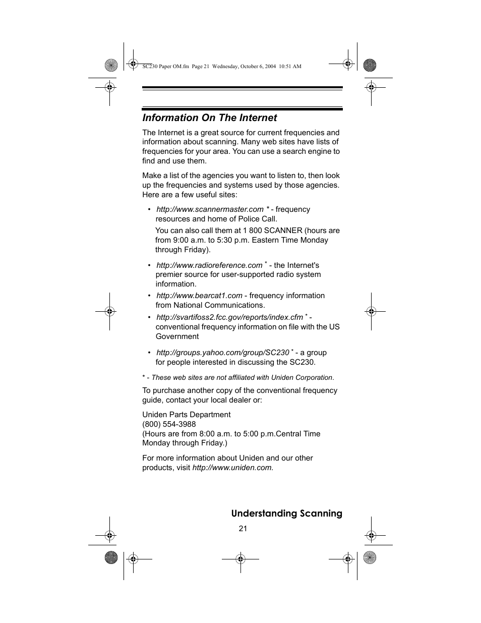 Information on the internet | Uniden SC230 User Manual | Page 21 / 99