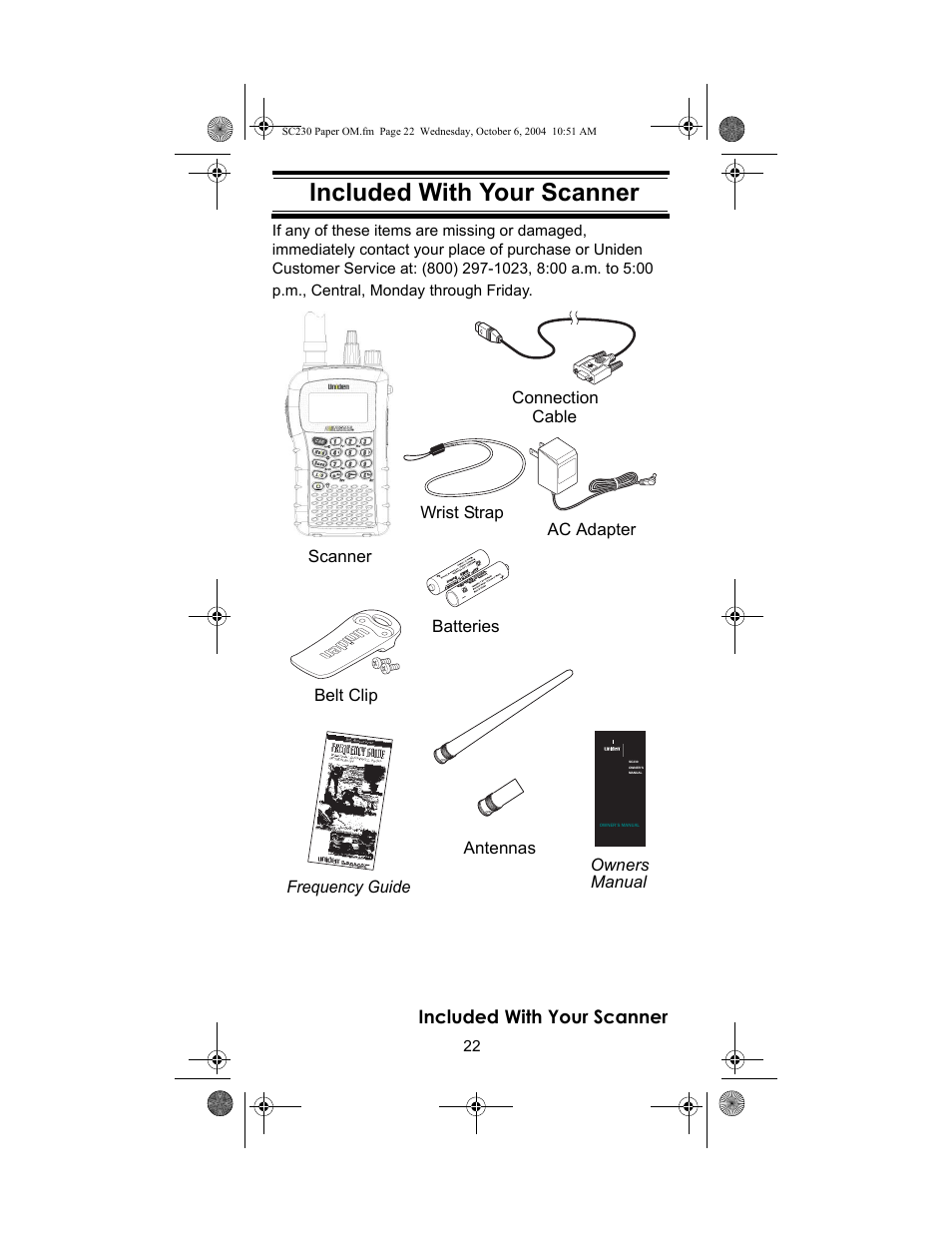 Included with your scanner, Setting up your scanner | Uniden SC230 User Manual | Page 22 / 99