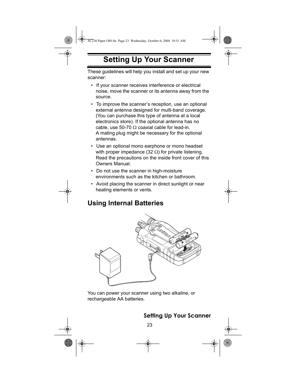 Setting up your scanner, Using internal batteries | Uniden SC230 User Manual | Page 23 / 99