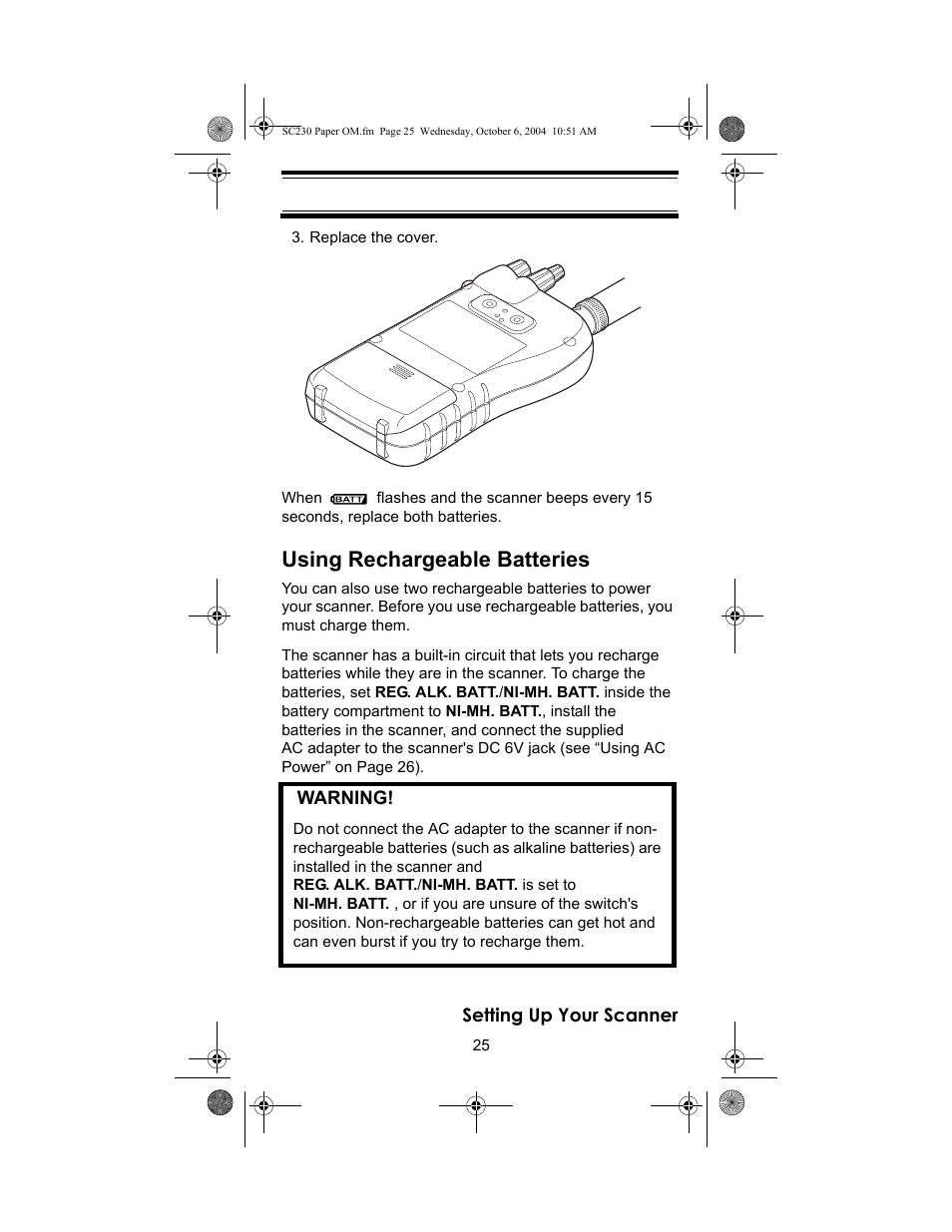Using rechargeable batteries | Uniden SC230 User Manual | Page 25 / 99