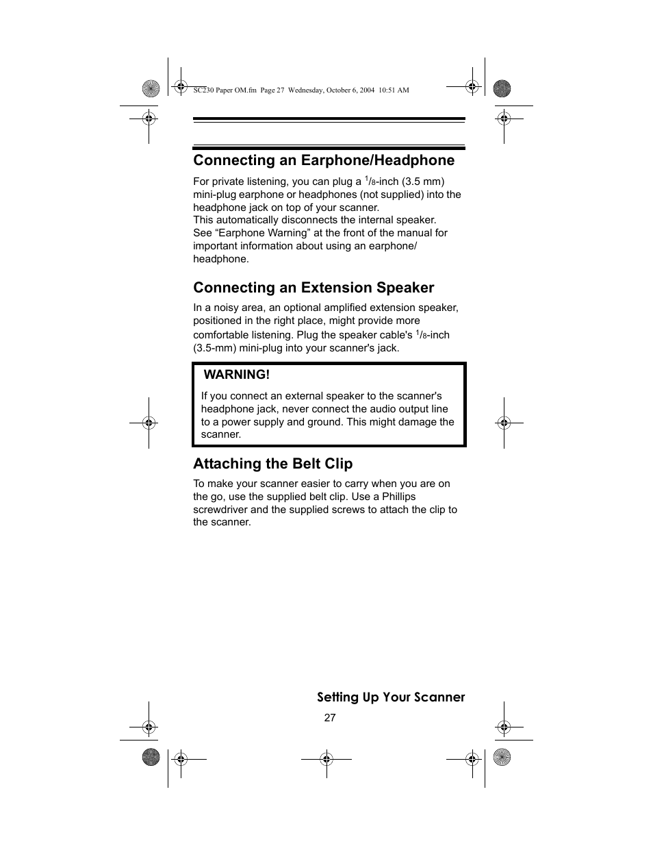 Connecting an earphone/headphone, Connecting an extension speaker, Attaching the belt clip | Uniden SC230 User Manual | Page 27 / 99