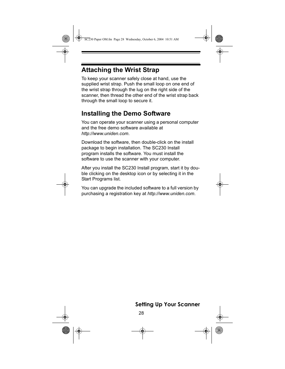 Attaching the wrist strap, Installing the demo software | Uniden SC230 User Manual | Page 28 / 99
