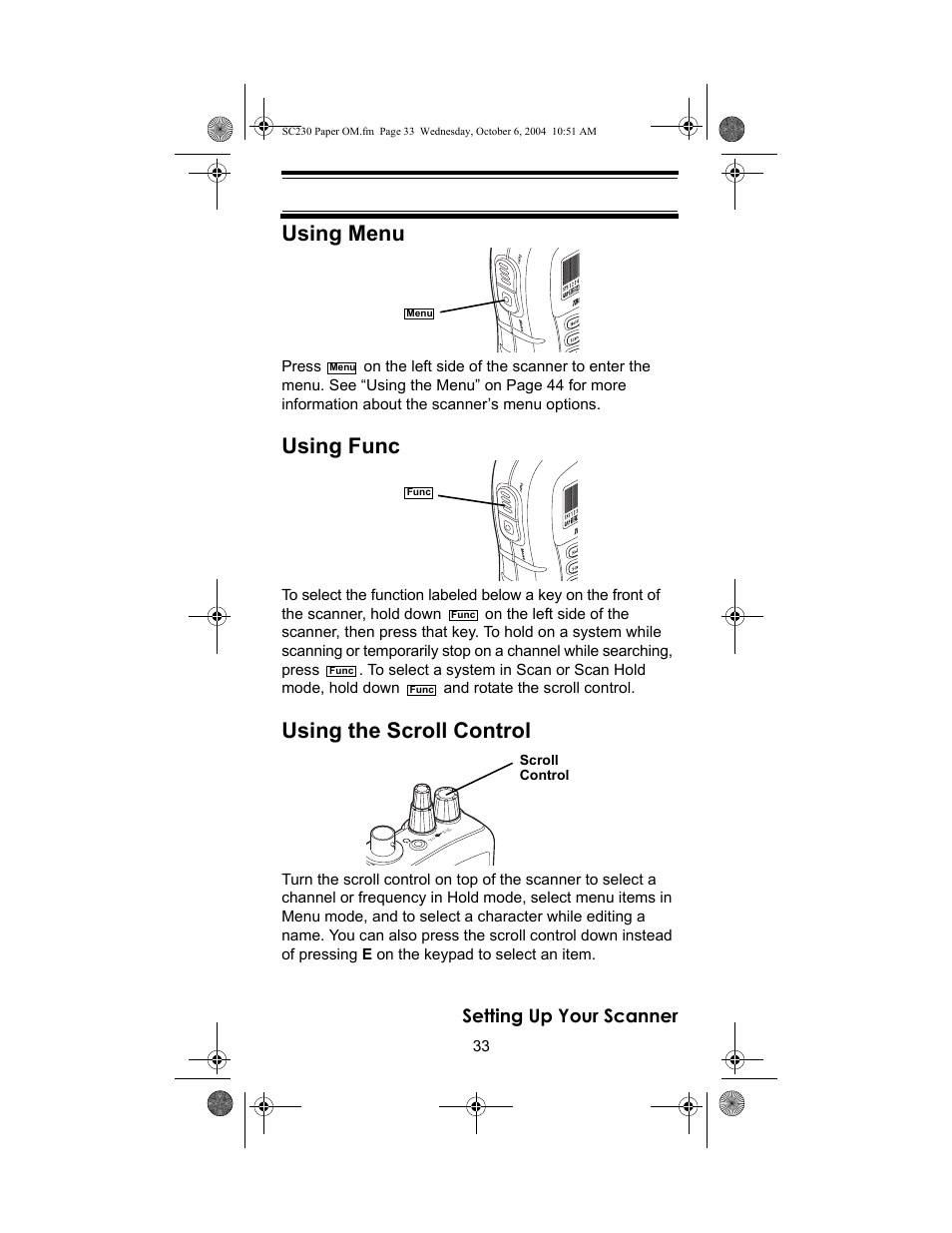 Using menu, Using func, Using the scroll control | Setting up your scanner | Uniden SC230 User Manual | Page 33 / 99