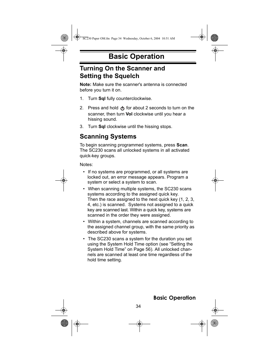 Turning on the scanner and setting the squelch, Scanning systems, Basic operation | Uniden SC230 User Manual | Page 34 / 99
