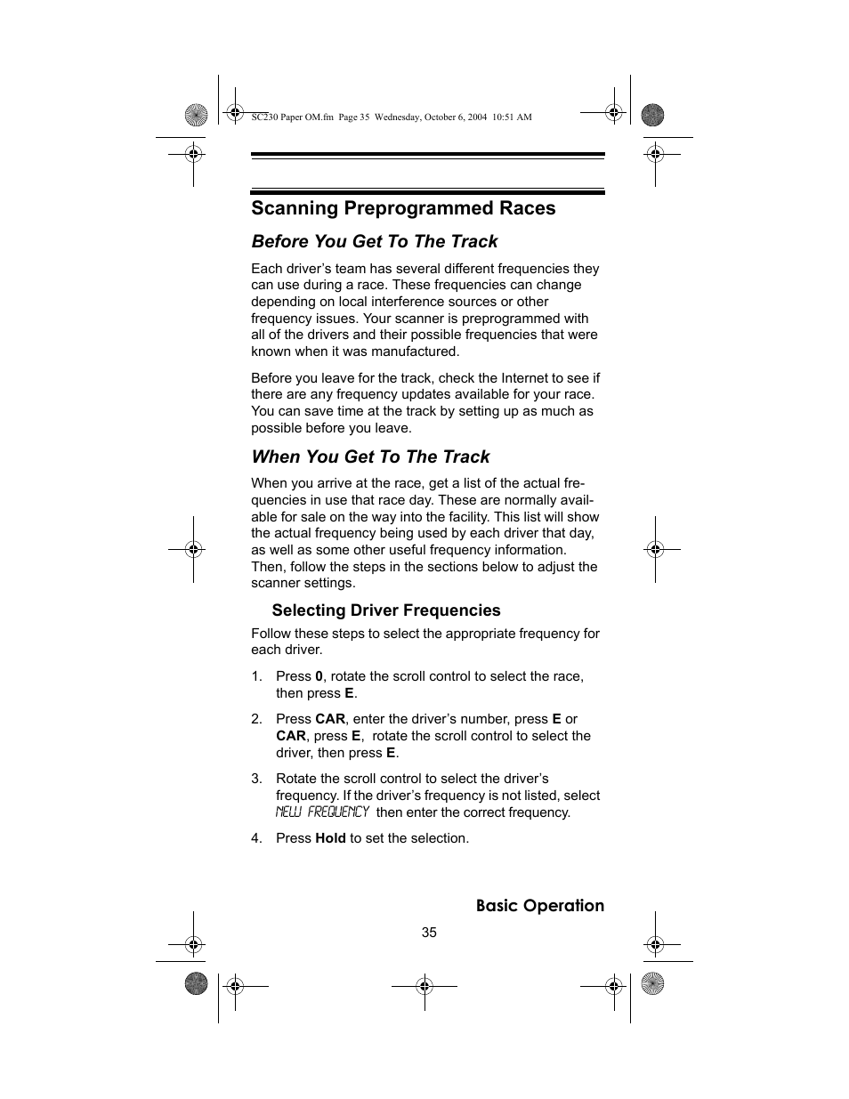 Scanning preprogrammed races, Before you get to the track, When you get to the track | Uniden SC230 User Manual | Page 35 / 99