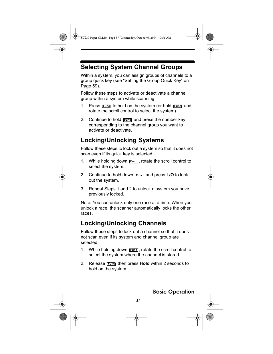 Selecting system channel groups, Locking/unlocking systems, Locking/unlocking channels | Basic operation | Uniden SC230 User Manual | Page 37 / 99