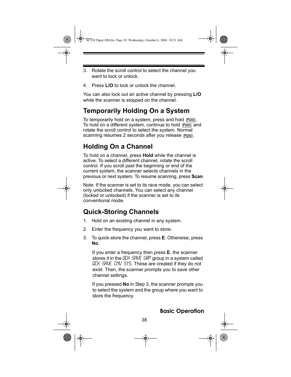 Temporarily holding on a system, Holding on a channel, Quick-storing channels | Uniden SC230 User Manual | Page 38 / 99