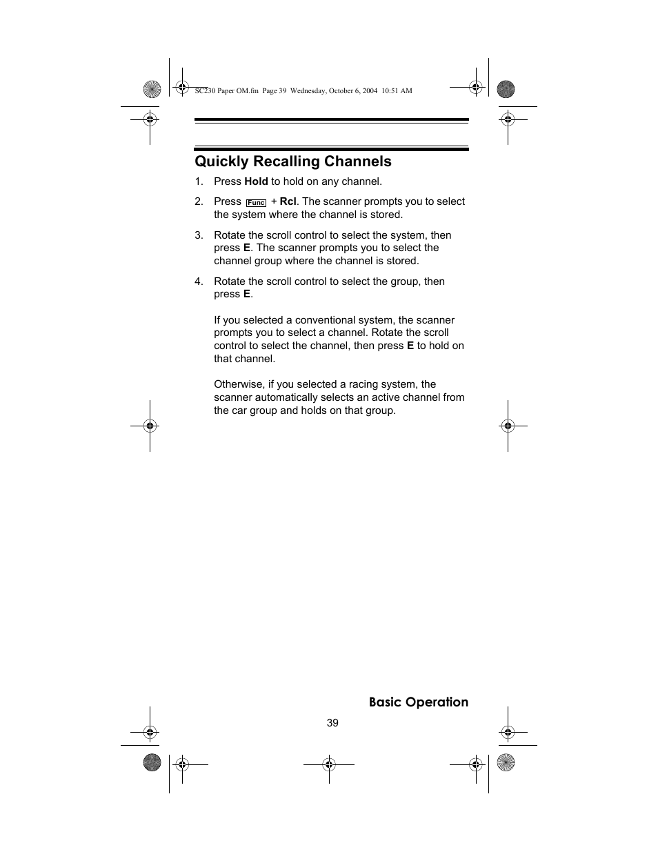 Quickly recalling channels | Uniden SC230 User Manual | Page 39 / 99