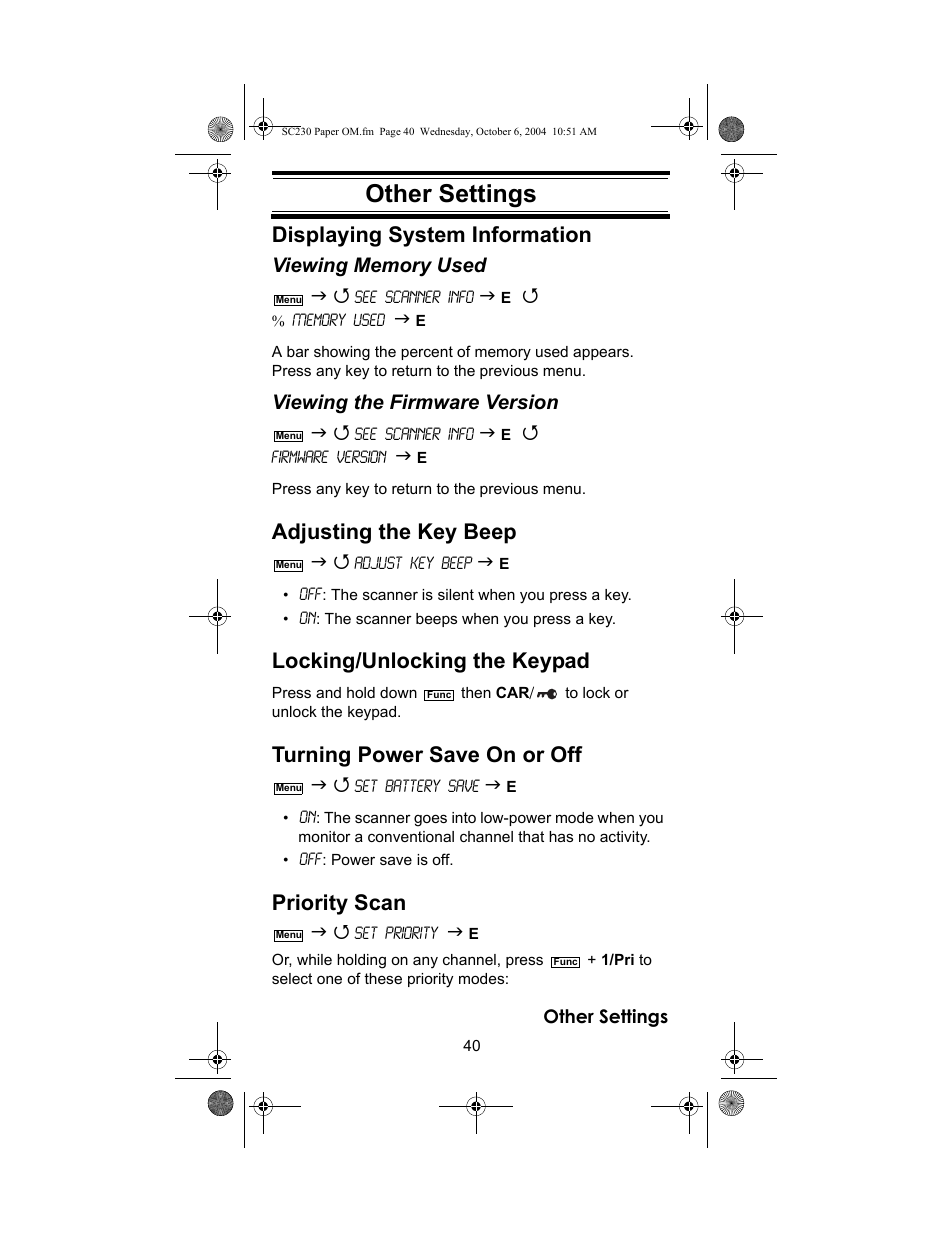 Other settings, Other settings displaying system information, Adjusting the key beep | Locking/unlocking the keypad, Turning power save on or off, Priority scan, Viewing the firmware version | Uniden SC230 User Manual | Page 40 / 99