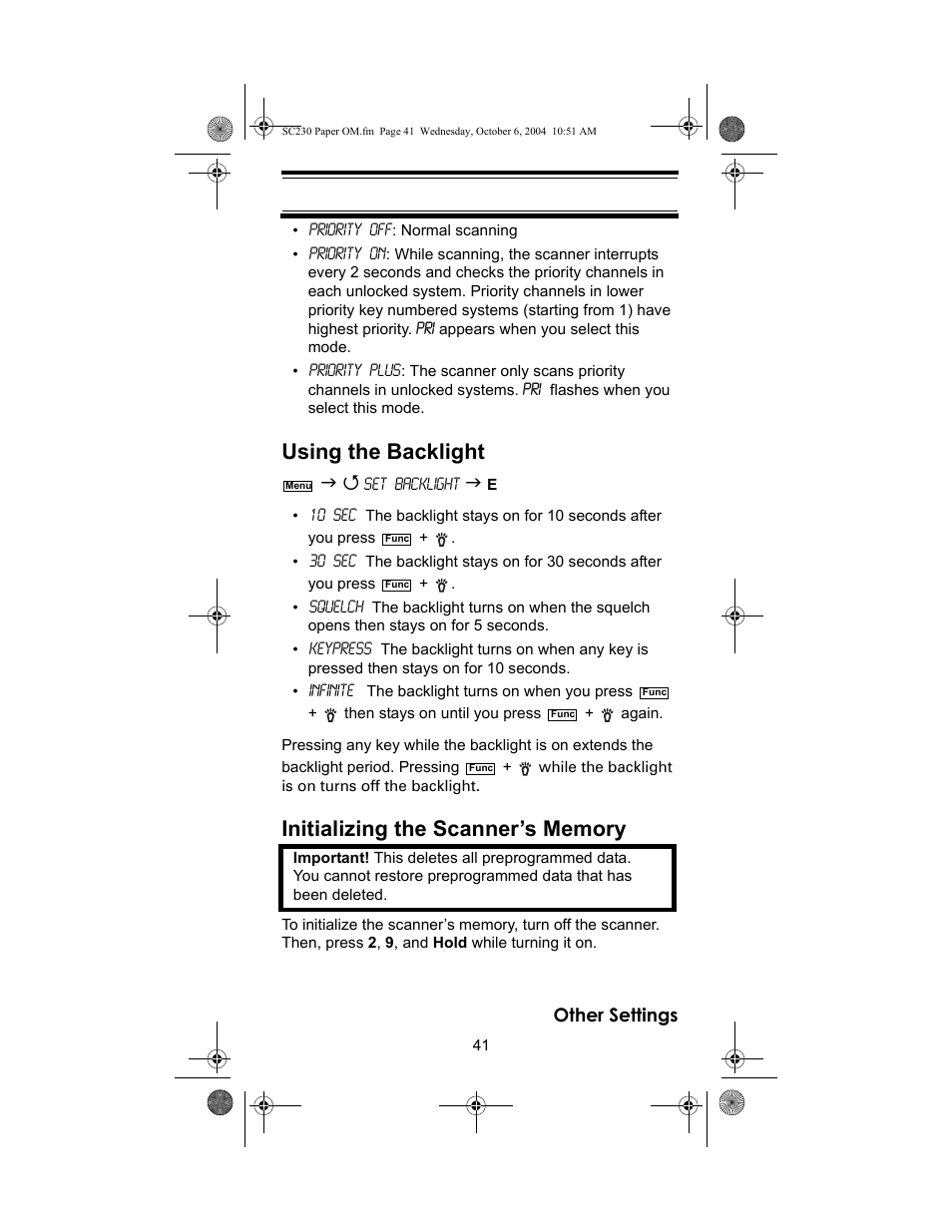 Other settings using the backlight | Uniden SC230 User Manual | Page 41 / 99