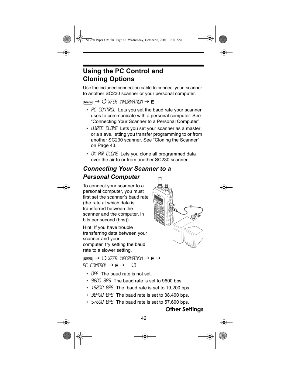 Using the pc control and cloning options, Connecting your scanner to a personal computer | Uniden SC230 User Manual | Page 42 / 99