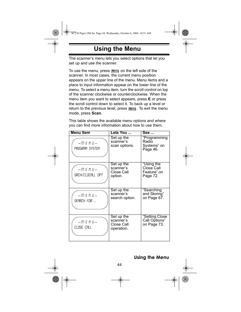 Using the menu | Uniden SC230 User Manual | Page 44 / 99