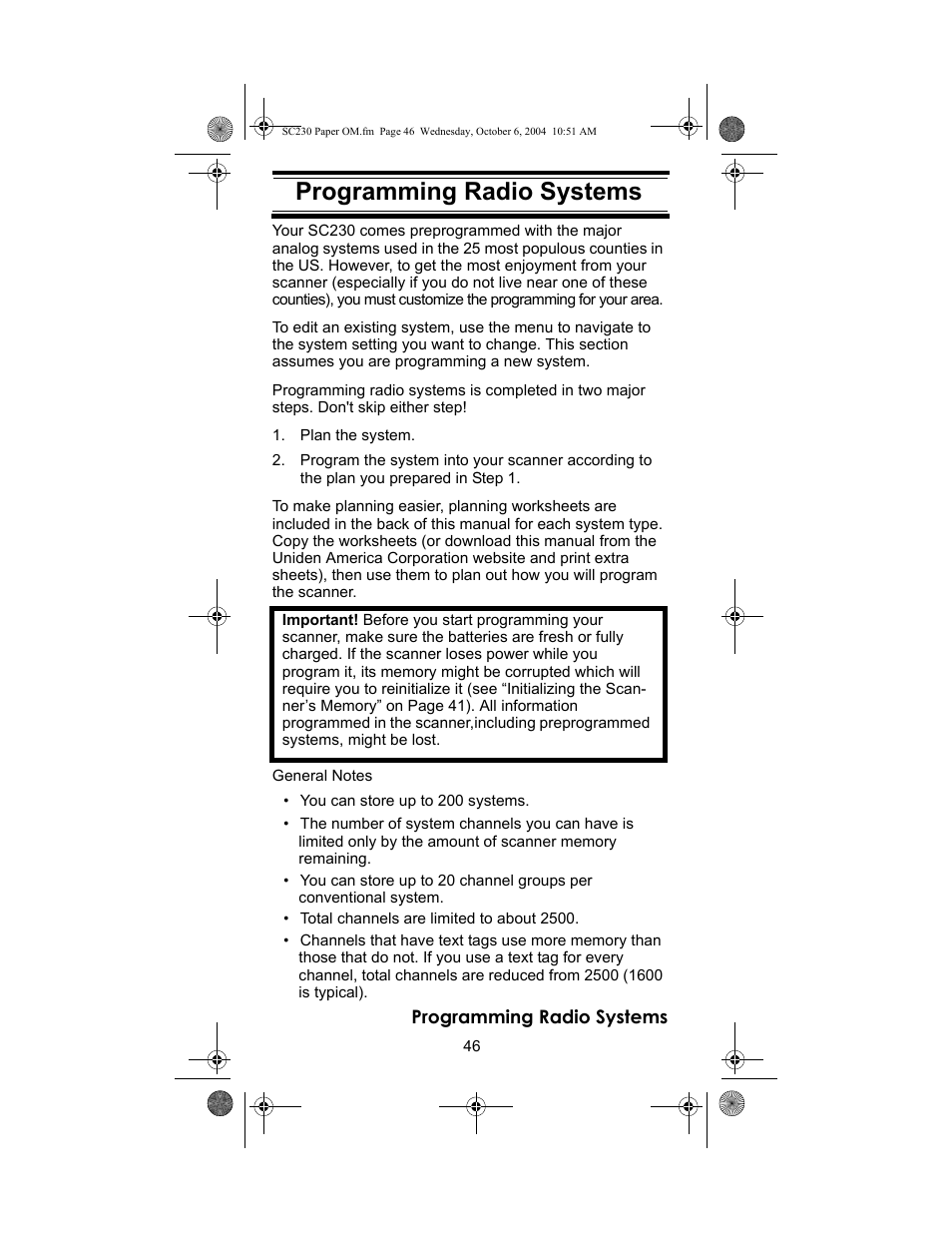 Programming radio systems | Uniden SC230 User Manual | Page 46 / 99
