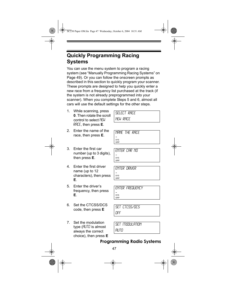 Quickly programming racing systems, Programming radio systems | Uniden SC230 User Manual | Page 47 / 99