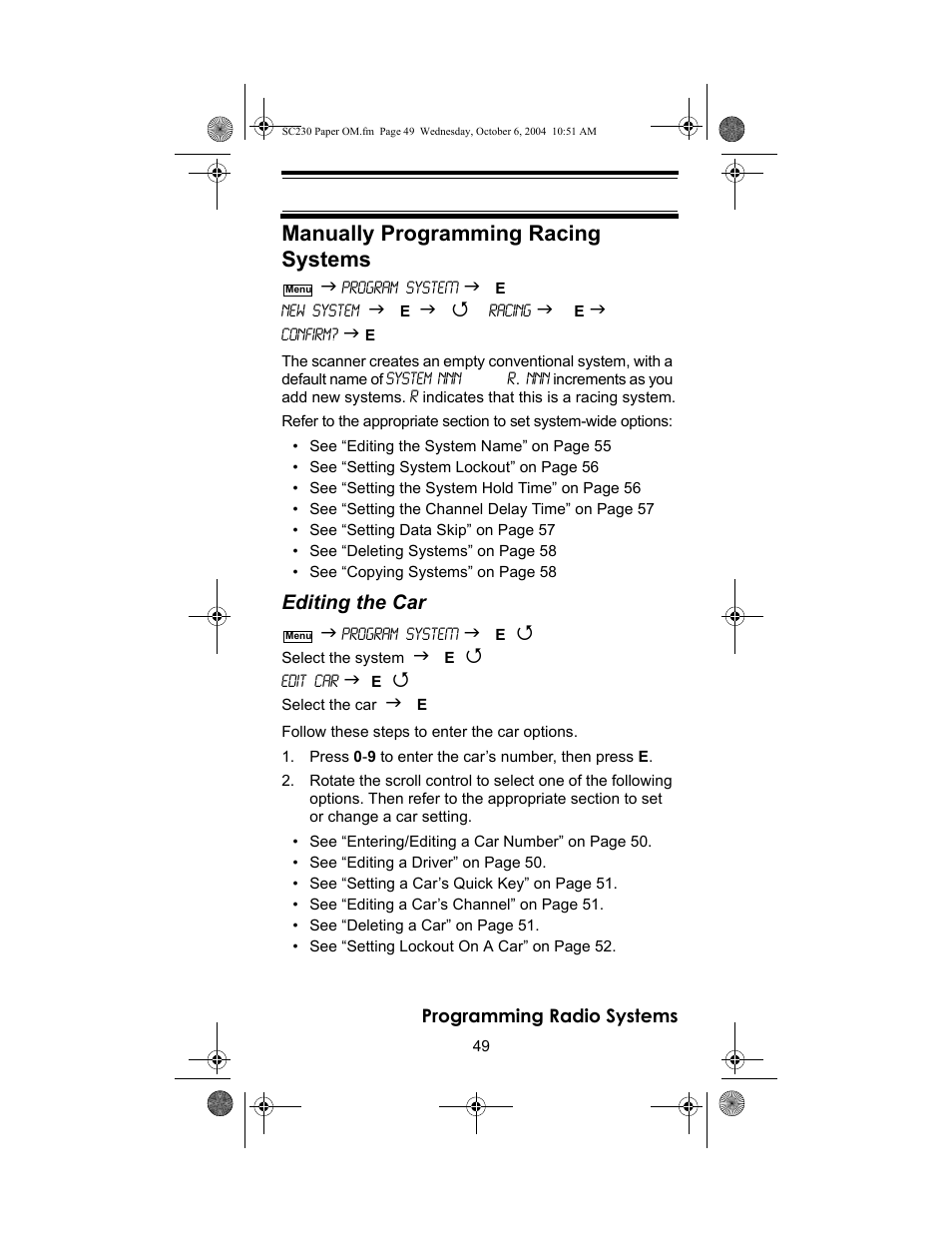 Manually programming racing systems, Editing the car | Uniden SC230 User Manual | Page 49 / 99