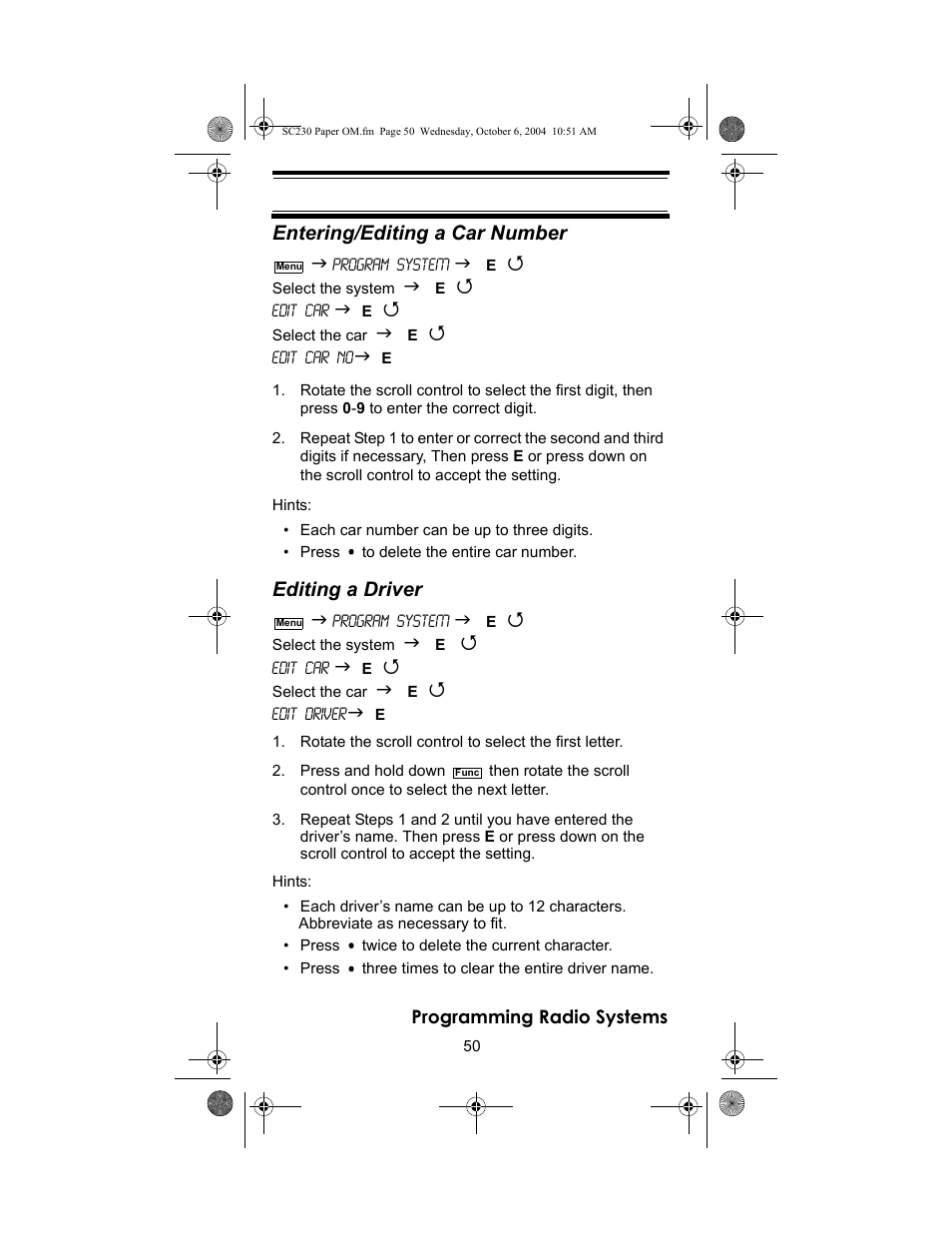 Entering/editing a car number, Editing a driver | Uniden SC230 User Manual | Page 50 / 99