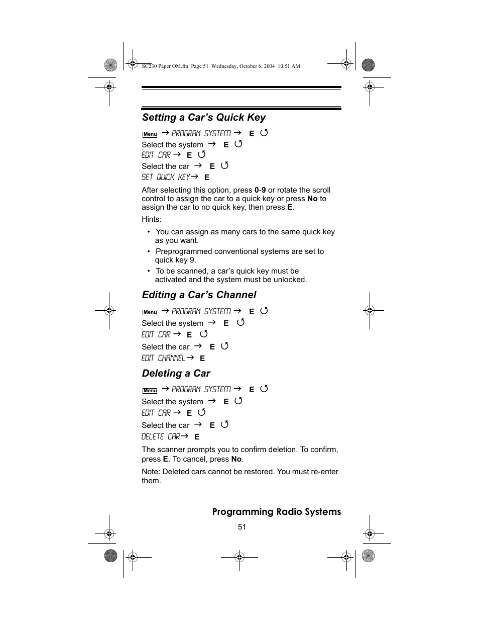 Setting a car’s quick key, Editing a car’s channel, Deleting a car | Uniden SC230 User Manual | Page 51 / 99