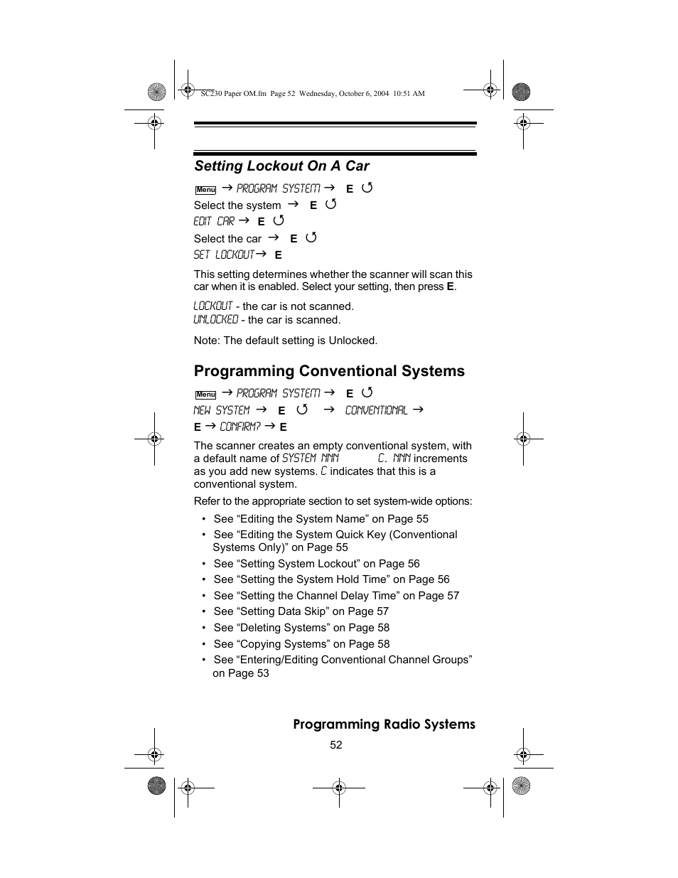 Programming conventional systems, Setting lockout on a car | Uniden SC230 User Manual | Page 52 / 99