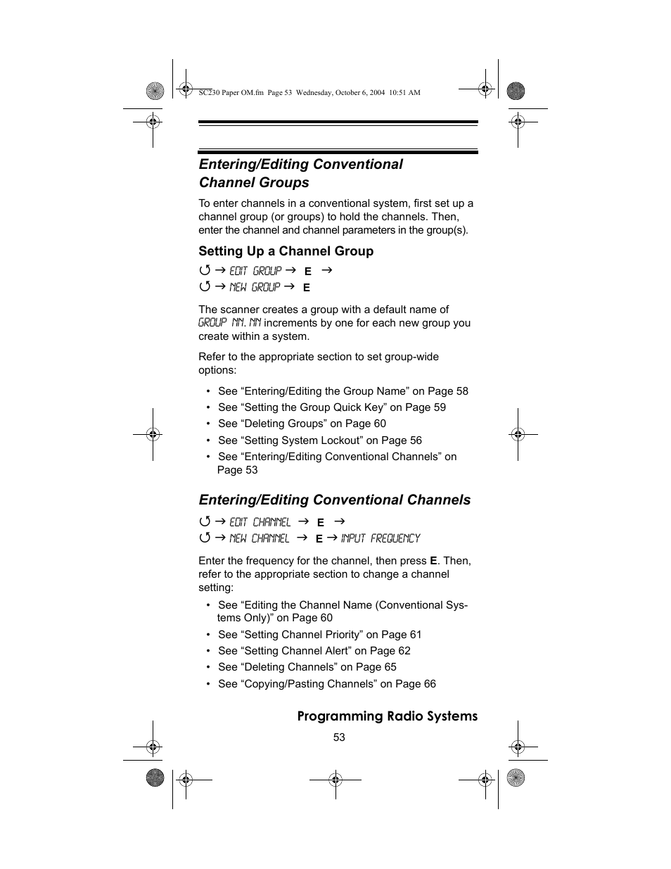 Entering/editing conventional channel groups, Entering/editing conventional channels | Uniden SC230 User Manual | Page 53 / 99