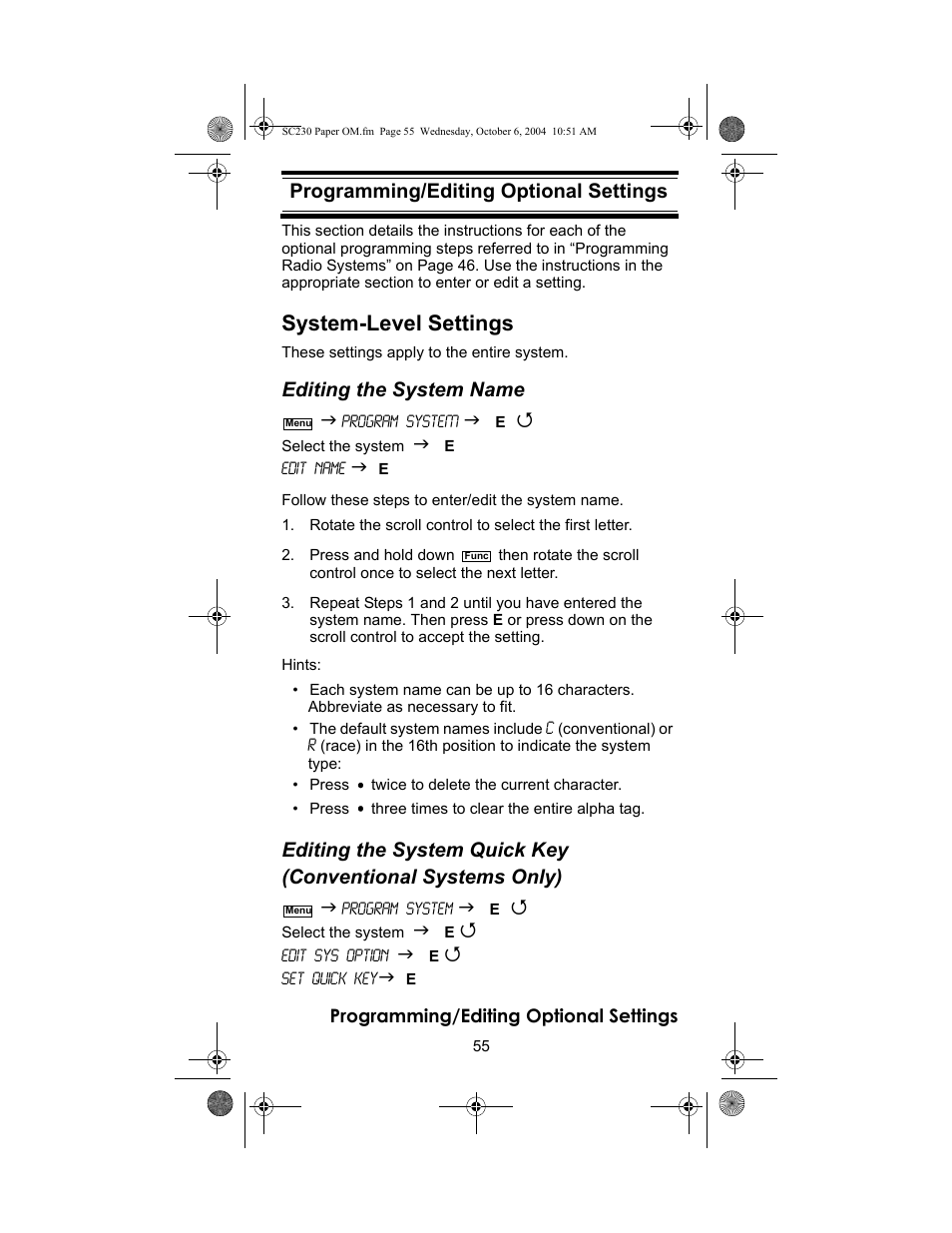 System-level settings, Programming/editing optional settings, Editing the system name | Uniden SC230 User Manual | Page 55 / 99