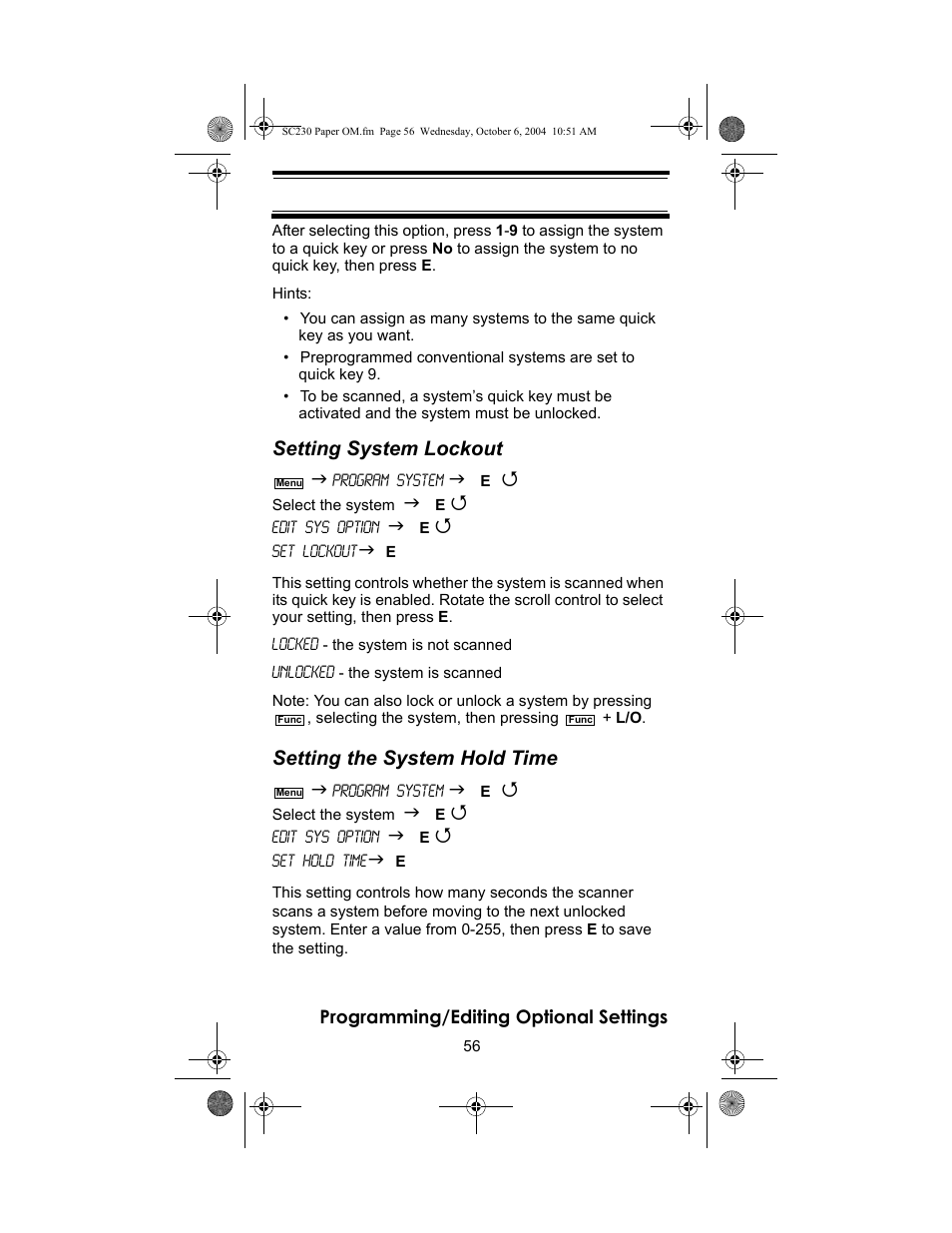 Setting system lockout, Setting the system hold time | Uniden SC230 User Manual | Page 56 / 99