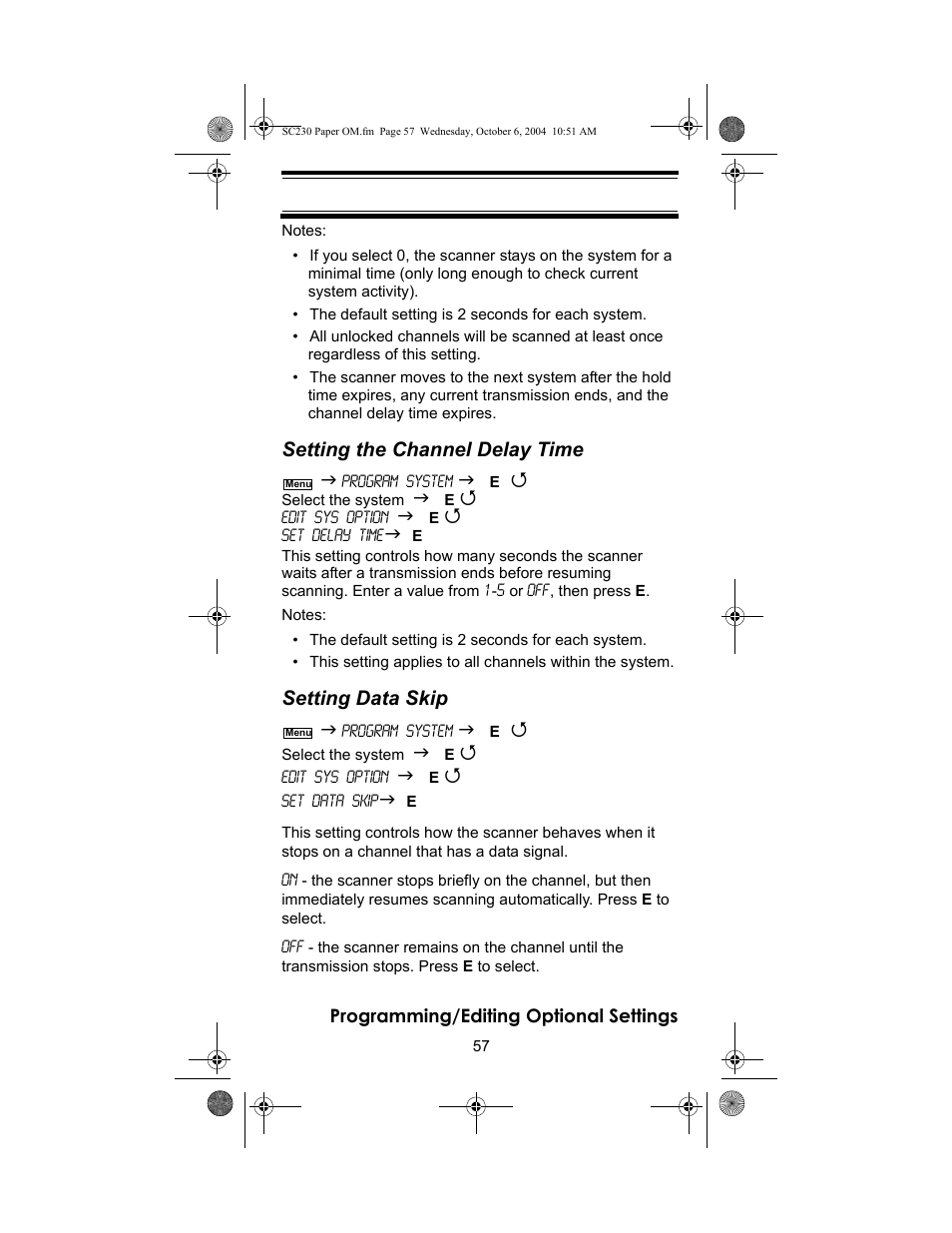 Setting the channel delay time, Setting data skip | Uniden SC230 User Manual | Page 57 / 99
