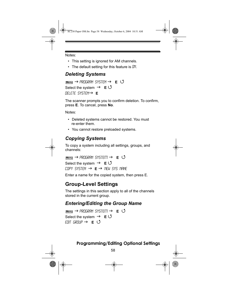 Group-level settings, Deleting systems, Copying systems | Entering/editing the group name | Uniden SC230 User Manual | Page 58 / 99