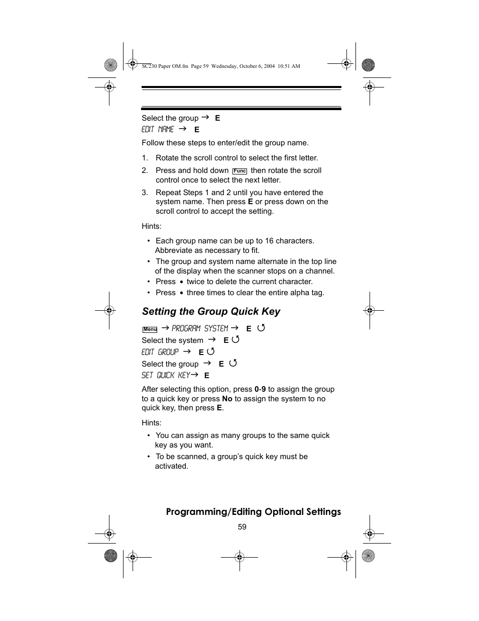 Setting the group quick key | Uniden SC230 User Manual | Page 59 / 99