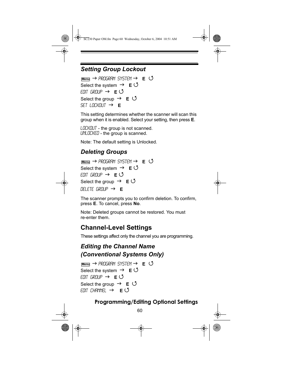 Channel-level settings, Setting group lockout, Deleting groups | Uniden SC230 User Manual | Page 60 / 99