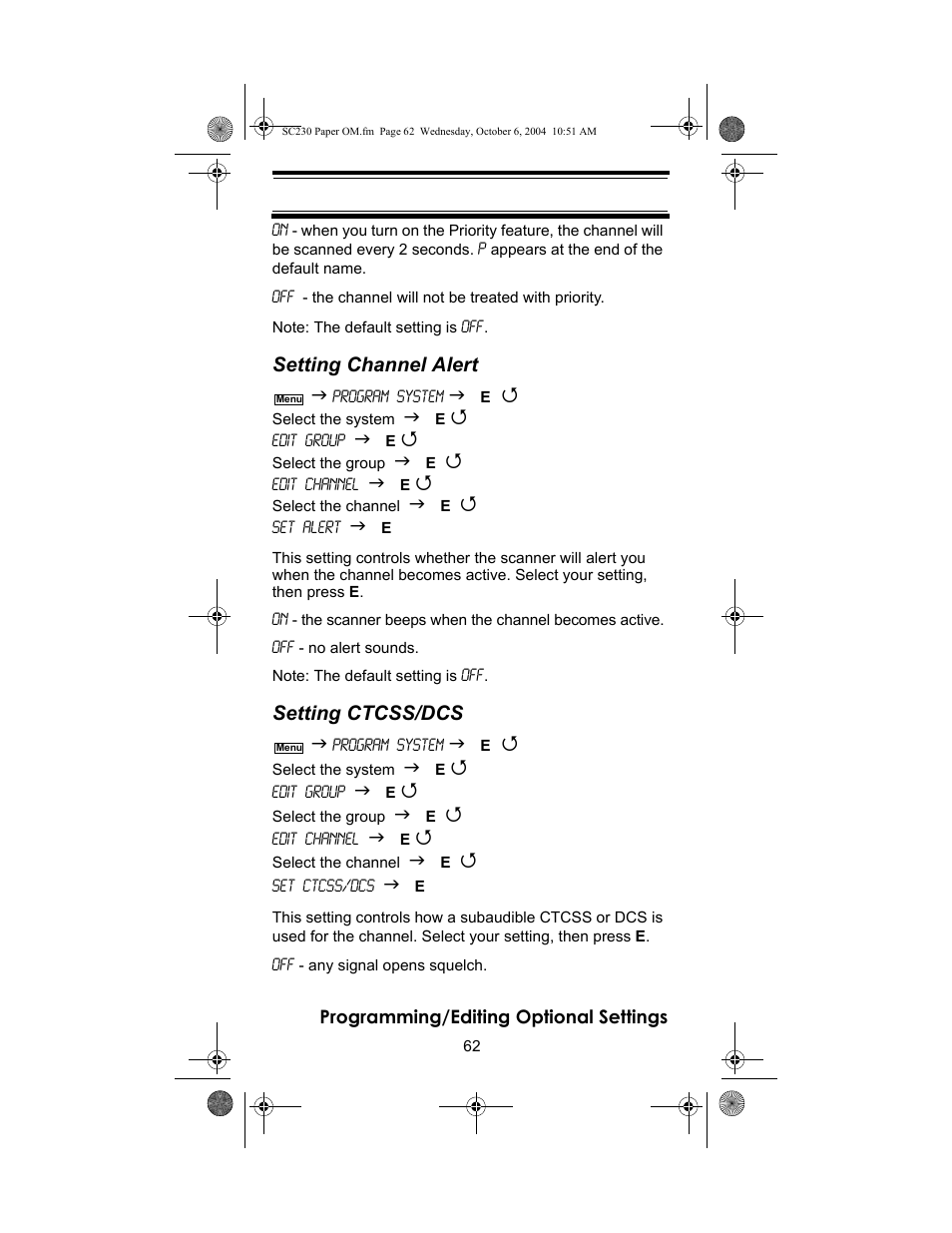 Setting channel alert, Setting ctcss/dcs | Uniden SC230 User Manual | Page 62 / 99