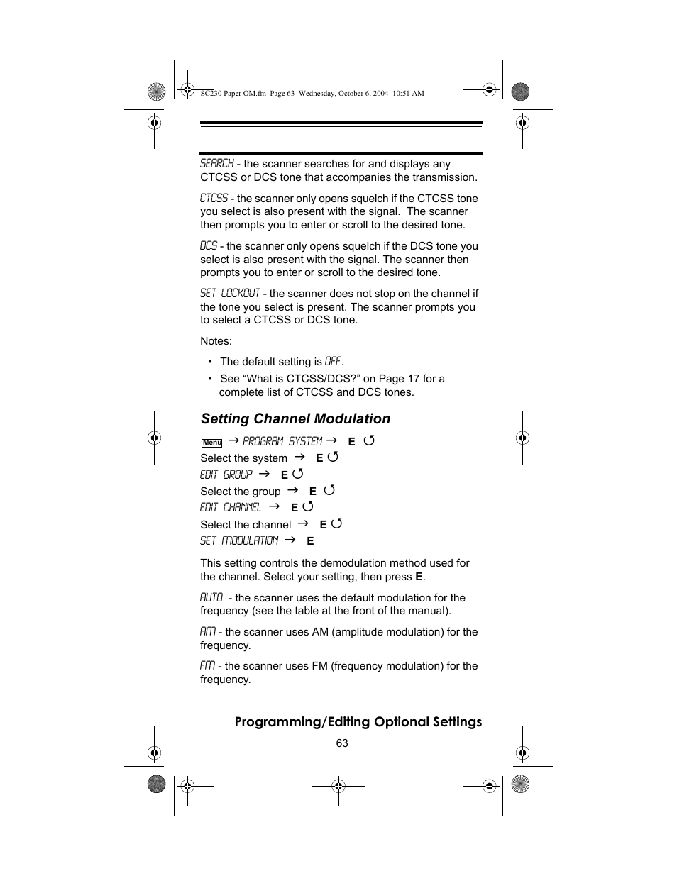 Setting channel modulation | Uniden SC230 User Manual | Page 63 / 99