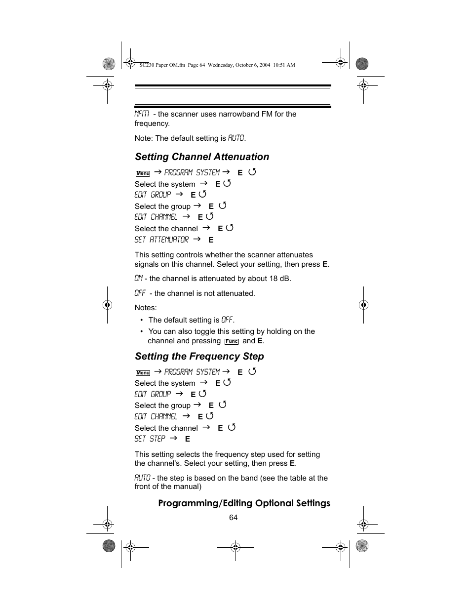 Setting channel attenuation, Setting the frequency step | Uniden SC230 User Manual | Page 64 / 99