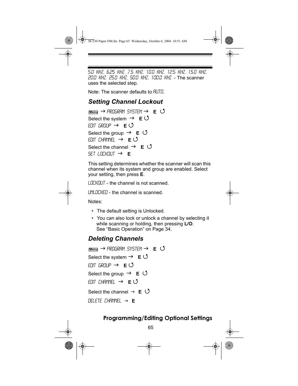 Setting channel lockout, Deleting channels | Uniden SC230 User Manual | Page 65 / 99