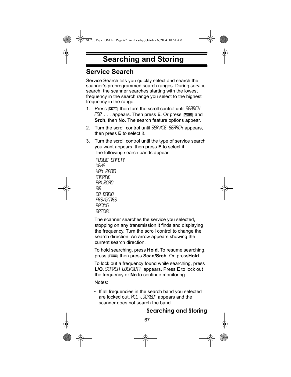 Searching and storing, Searching and storing service search | Uniden SC230 User Manual | Page 67 / 99