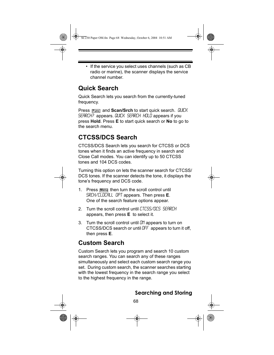 Quick search, Ctcss/dcs search, Custom search | Uniden SC230 User Manual | Page 68 / 99