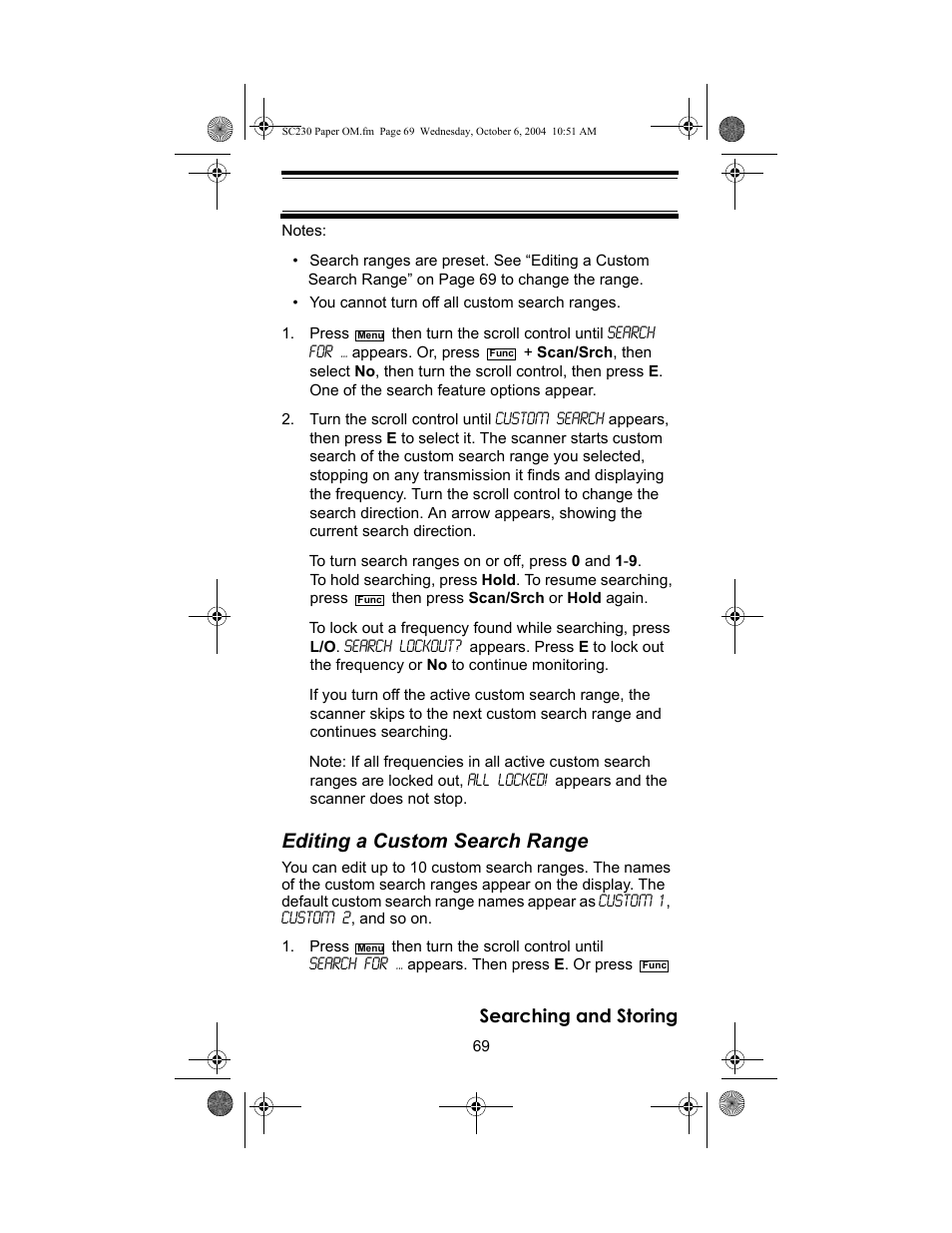 Editing a custom search range, Searching and storing | Uniden SC230 User Manual | Page 69 / 99