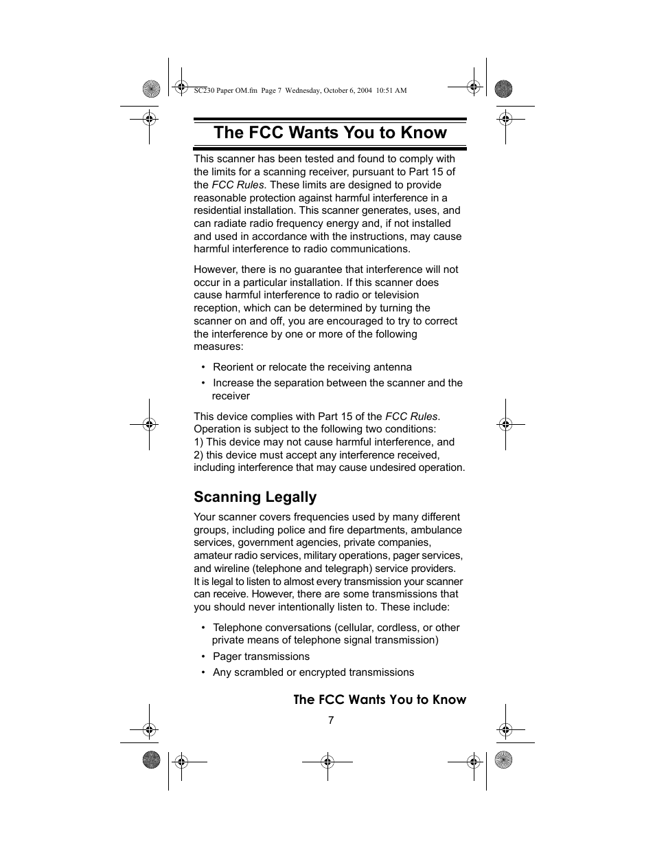 The fcc wants you to know | Uniden SC230 User Manual | Page 7 / 99