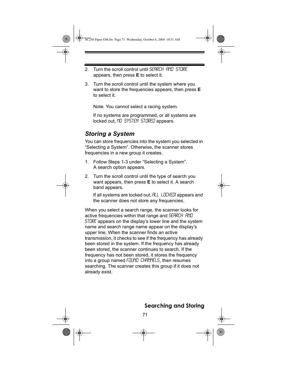 Storing a system | Uniden SC230 User Manual | Page 71 / 99