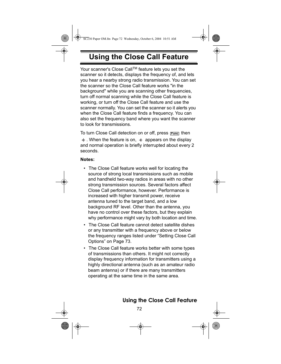 Using the close call feature | Uniden SC230 User Manual | Page 72 / 99