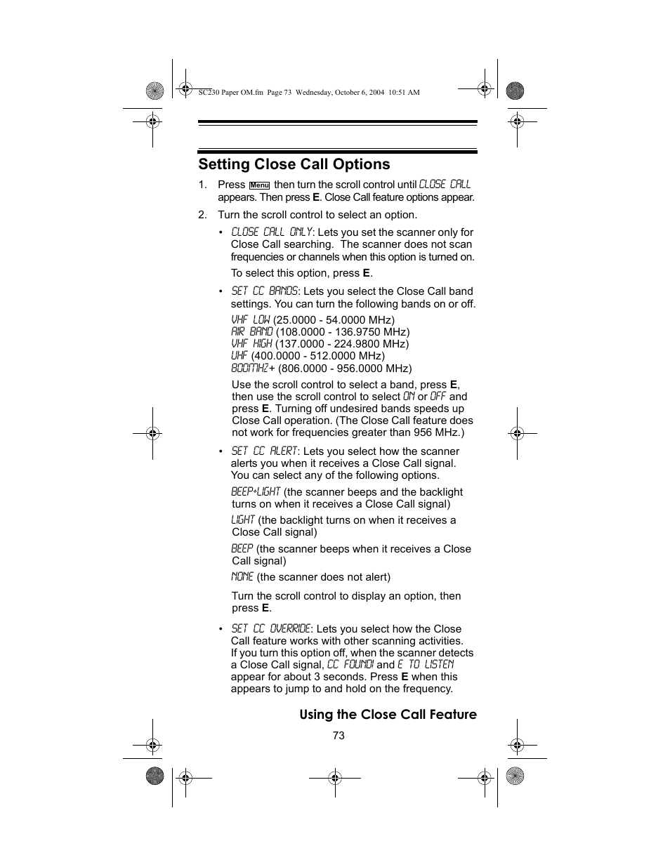 Setting close call options | Uniden SC230 User Manual | Page 73 / 99