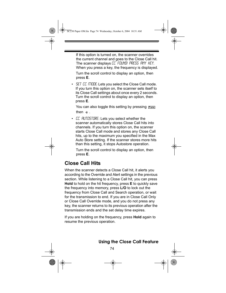 Close call hits | Uniden SC230 User Manual | Page 74 / 99