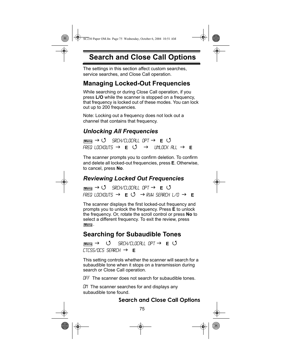 Search and close call options, Managing locked-out frequencies, Searching for subaudible tones | Unlocking all frequencies, Reviewing locked out frequencies | Uniden SC230 User Manual | Page 75 / 99