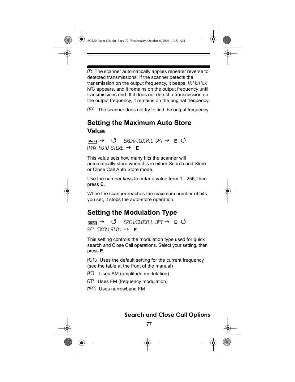 Setting the maximum auto store value, Setting the modulation type | Uniden SC230 User Manual | Page 77 / 99