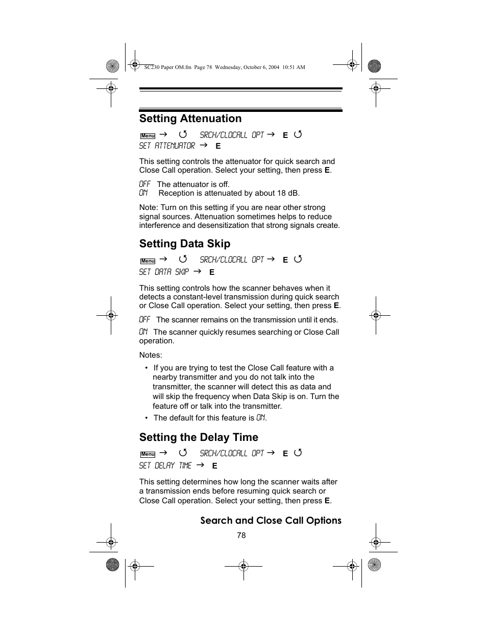 Setting attenuation, Setting data skip, Setting the delay time | Uniden SC230 User Manual | Page 78 / 99